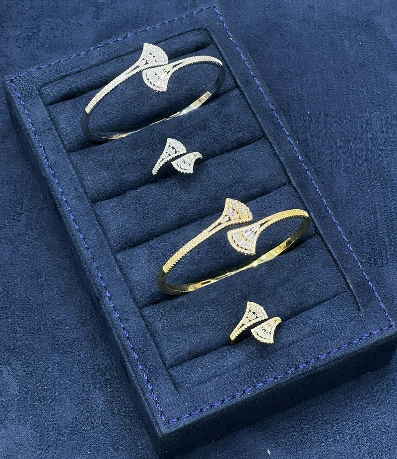 Fan Shape Crystal Bangle & Ring Set Dubai | Gold & Silver UAE