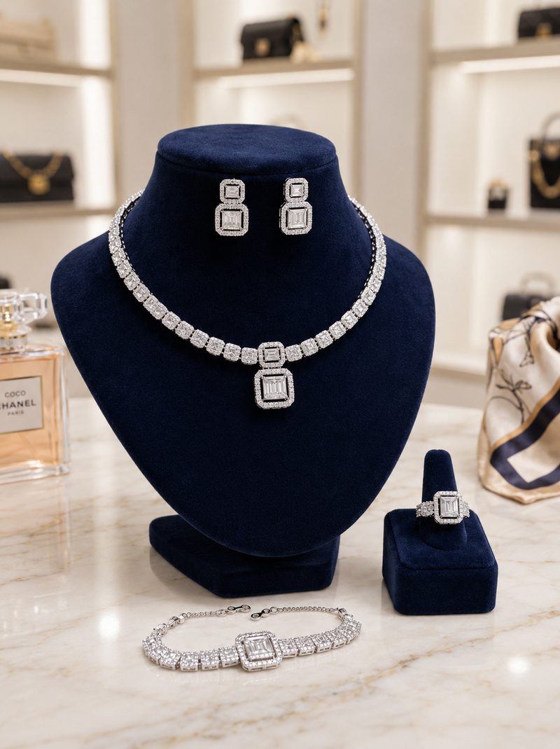 diamond style rectangular cluster jewelry set UAE