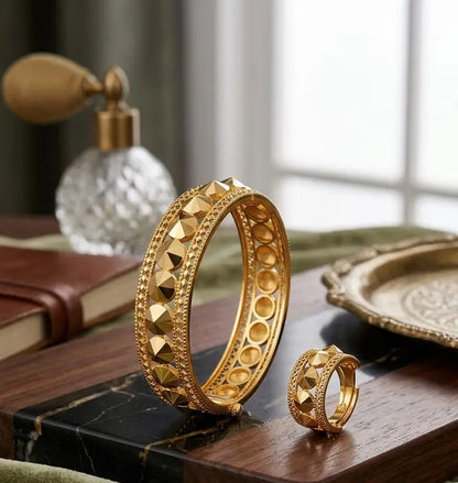 Studded Gold Bangle Set | 18K Gold Plated Geometric Bangle & Ring Set | LuxeOasis.shop 0ydufd-ig.myshopify.com