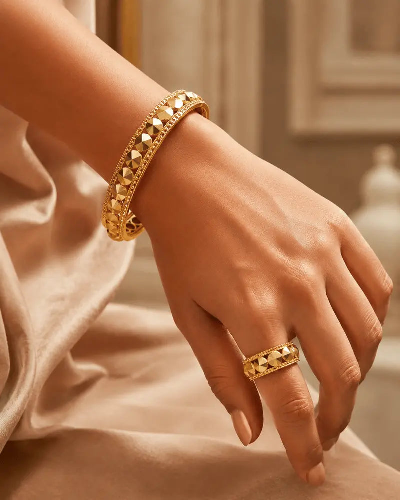 Studded Gold Bangle Set | 18K Gold Plated Geometric Bangle & Ring Set | LuxeOasis.shop 0ydufd-ig.myshopify.com