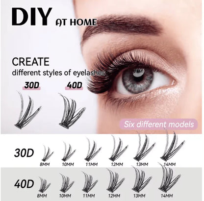 DIY eyelash cluster extension kit including individual lash trays of mixed lengths, professional lash bond, sealer, and applicator tweezers for at-home use UAE