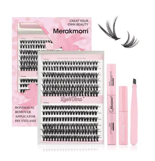 DIY eyelash cluster extension kit including individual lash trays of mixed lengths, professional lash bond, sealer, and applicator tweezers for at-home use UAE