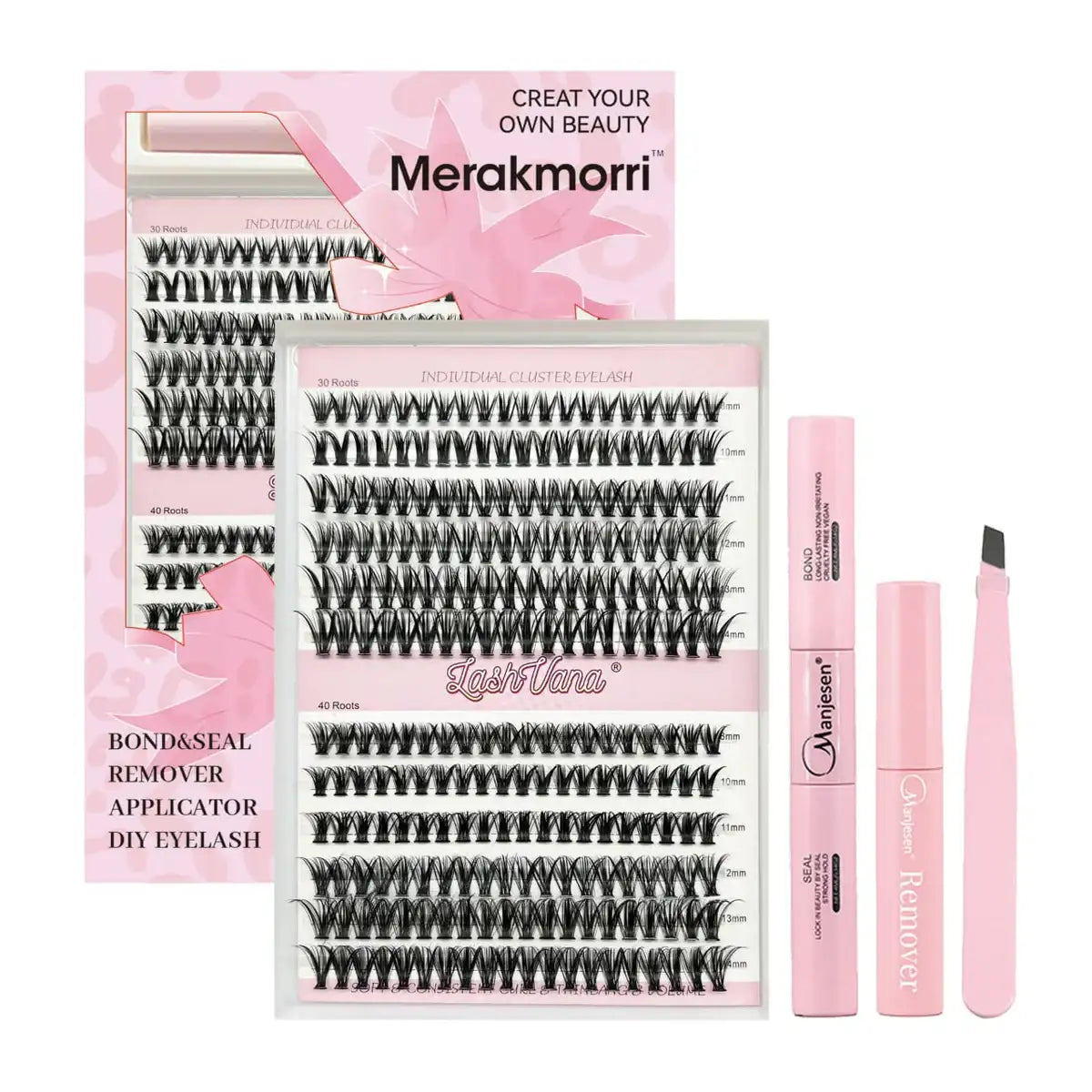 DIY eyelash cluster extension kit including individual lash trays of mixed lengths, professional lash bond, sealer, and applicator tweezers for at-home use UAE
