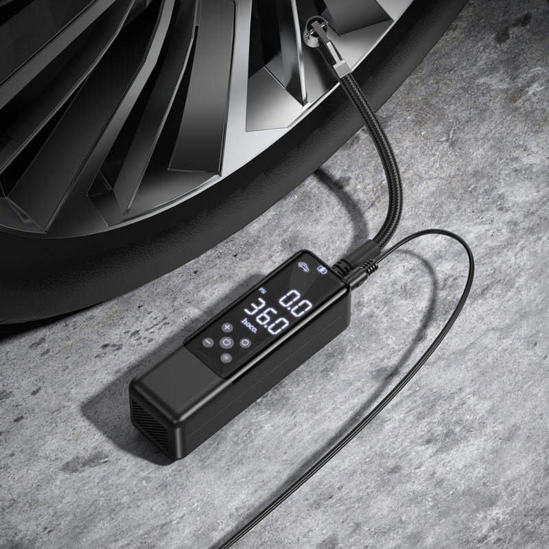 Hoco Z5 12V portable digital air pump tire inflator with LED display and emergency flashlight for car tires, bikes, and sports balls in the UAE