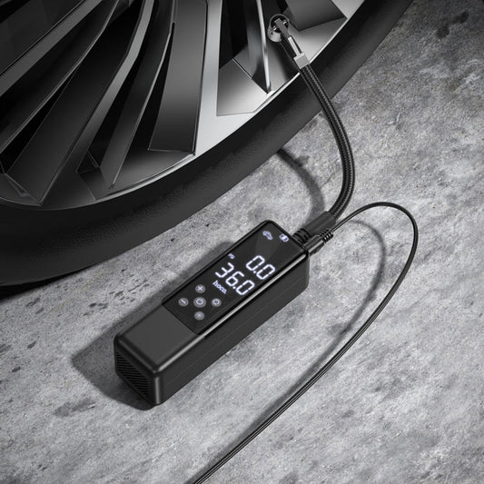 Hoco Z5 12V portable digital air pump tire inflator with LED display and emergency flashlight for car tires, bikes, and sports balls in the UAE