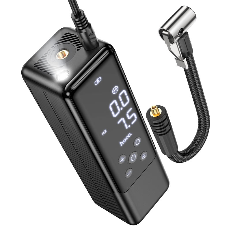 Hoco Z5 12V portable digital air pump tire inflator with LED display and emergency flashlight for car tires, bikes, and sports balls in the UAE