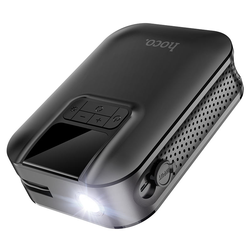 Hoco S53 portable smart air pump digital tire inflator with LED display and emergency light shown inflating a car tire in the UAE