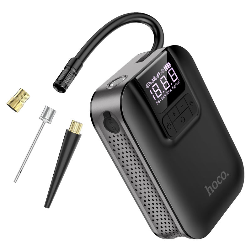 Hoco S53 portable smart air pump digital tire inflator with LED display and emergency light shown inflating a car tire in the UAE